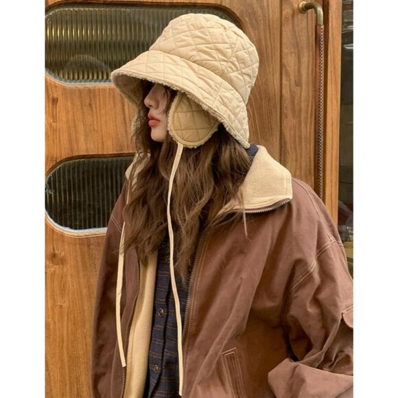 Winter Quilted Bucket Hat Women Down Padding Foldable Earflap Thick Plush main image 6